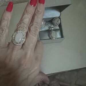 Elegant Gold Jewelry Set with White Opal  Stones necklace ring & earrings